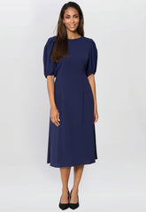 Gina Bacconi Navy Flora Puff Sleeve Midi Dress