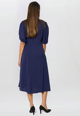 Gina Bacconi Navy Flora Puff Sleeve Midi Dress