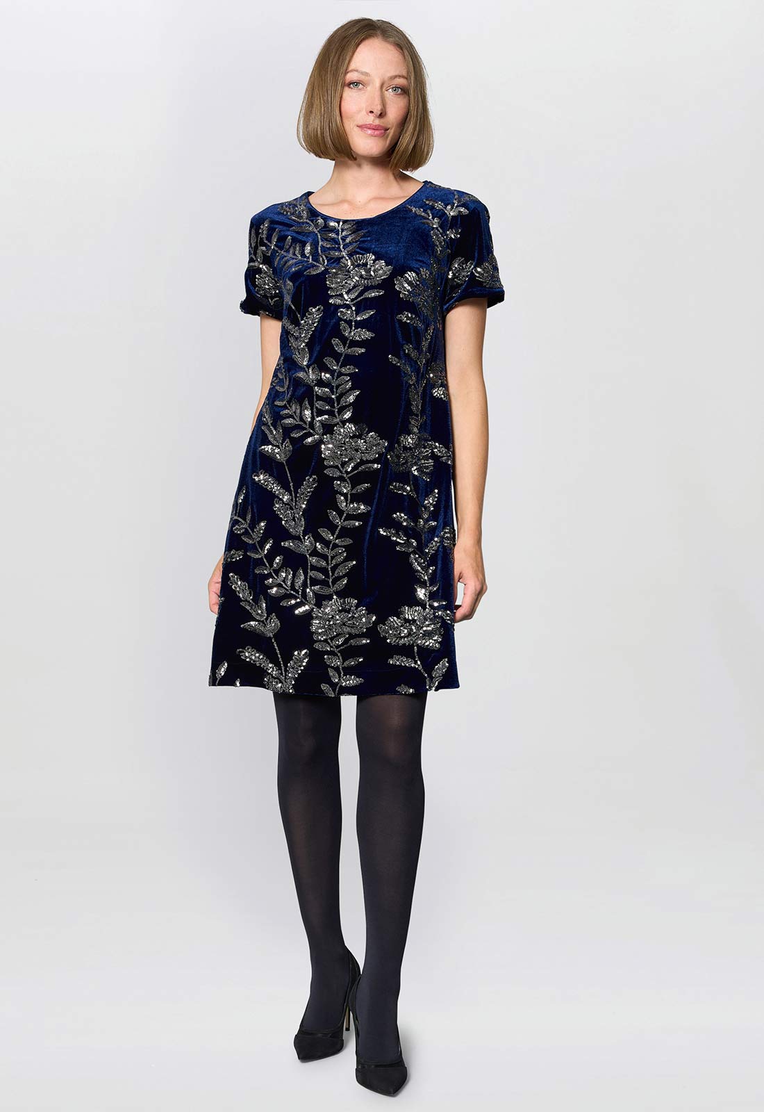 Gina Bacconi Navy Cleopatra Embroidered Velvet Dress