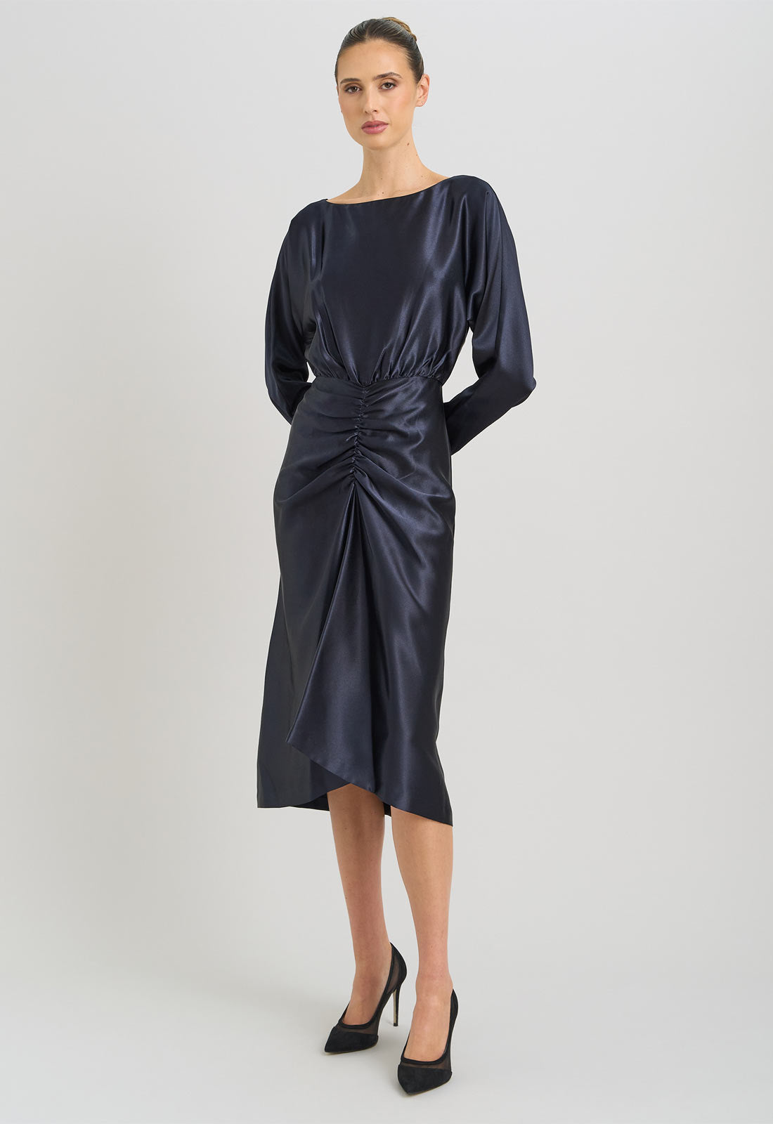 Gina Bacconi Navy Tara Satin Midi Dress