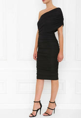 Honor Gold Alice One Shoulder Ruched Midi Dress in Black