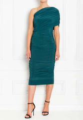 Honor Gold Forest Green Alice One Shoulder Midi Dress