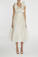 True Decadence Peyton Cream Ruffle Midi Dress