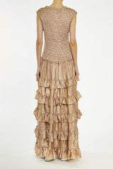 True Decadence Dark Azaria Metallic-Copper Smocked Dropped-Waist Maxi-Dress