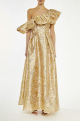 True Decadence Gold Blake Translucent-Jacquard Puff One Shoulder Maxi-Dress