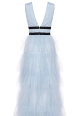 True Decadence Eliza Dusty Blue Plunging Neck Layered Tulle Skirt Maxi-Dress