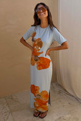 Ice Blue Floral Rib Dress