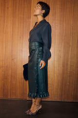 Bottle Green Vegan Leather Ruffle Jaspre Skirt