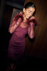 Wine Mesh Feather Mini Dress
