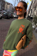 Khaki Sweatshirt with Orange Embroidery