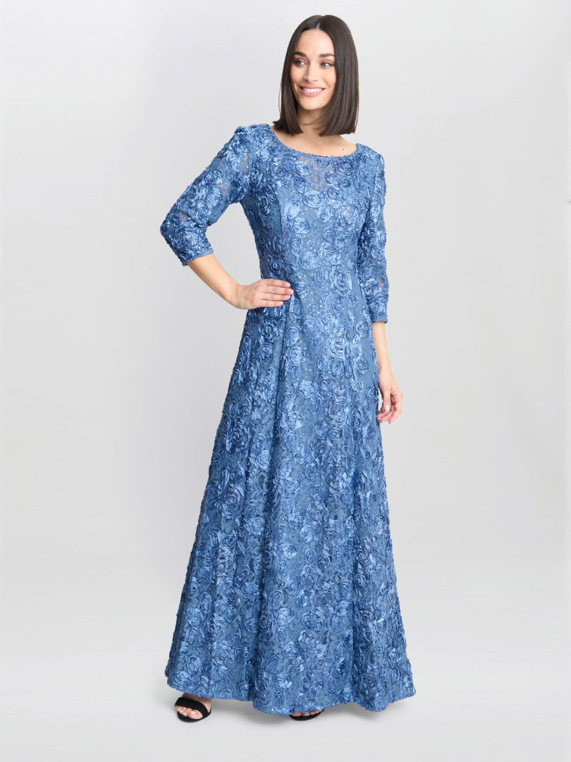 Gina Bacconi Susanna Rosette Maxi Dress With 3/4 Illusion Sleeves