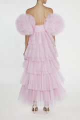 true Decadence Nancy Powder-Pink 3D Flower Sleeve Tiered Maxi Dress