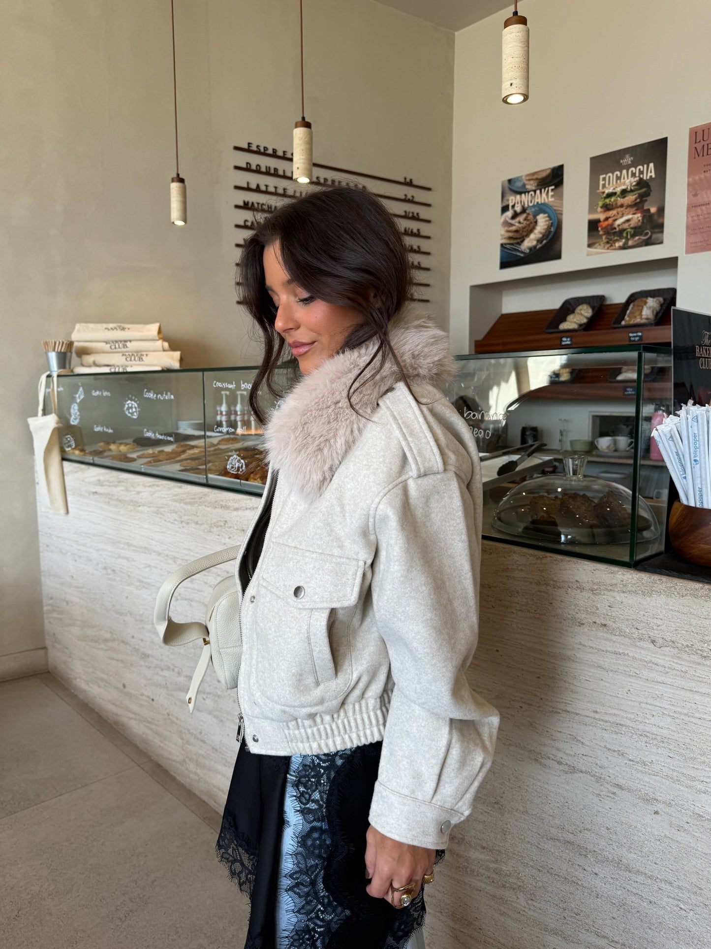Beige Cropped Fur Collar