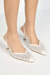 Jasmina Sequin & Bead Embellished Mesh Slingback Court Shoes in White