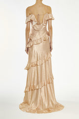 True Decadence Metallic-Copper Drew Cold-Shoulder Ruffle Maxi-Dress