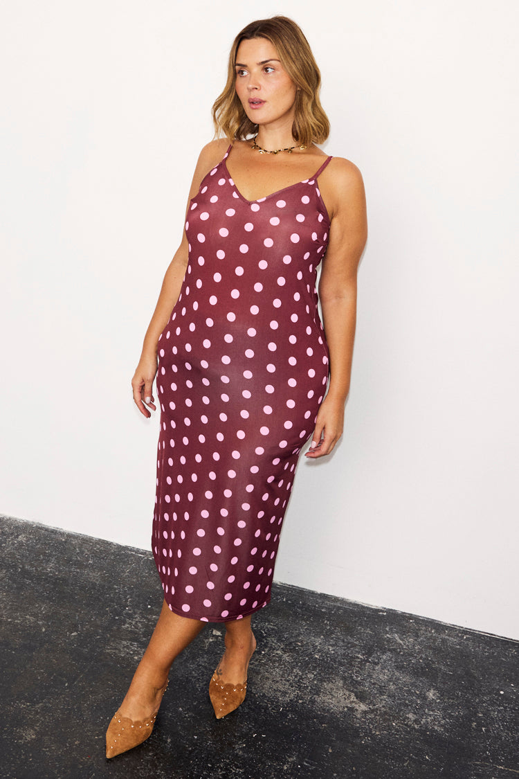 Burgundy Polka Dot Mesh Dress
