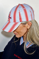 Blue Cotton Stripe Cap with Fish Embroidery