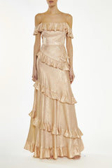 True Decadence Metallic-Copper Drew Cold-Shoulder Ruffle Maxi-Dress