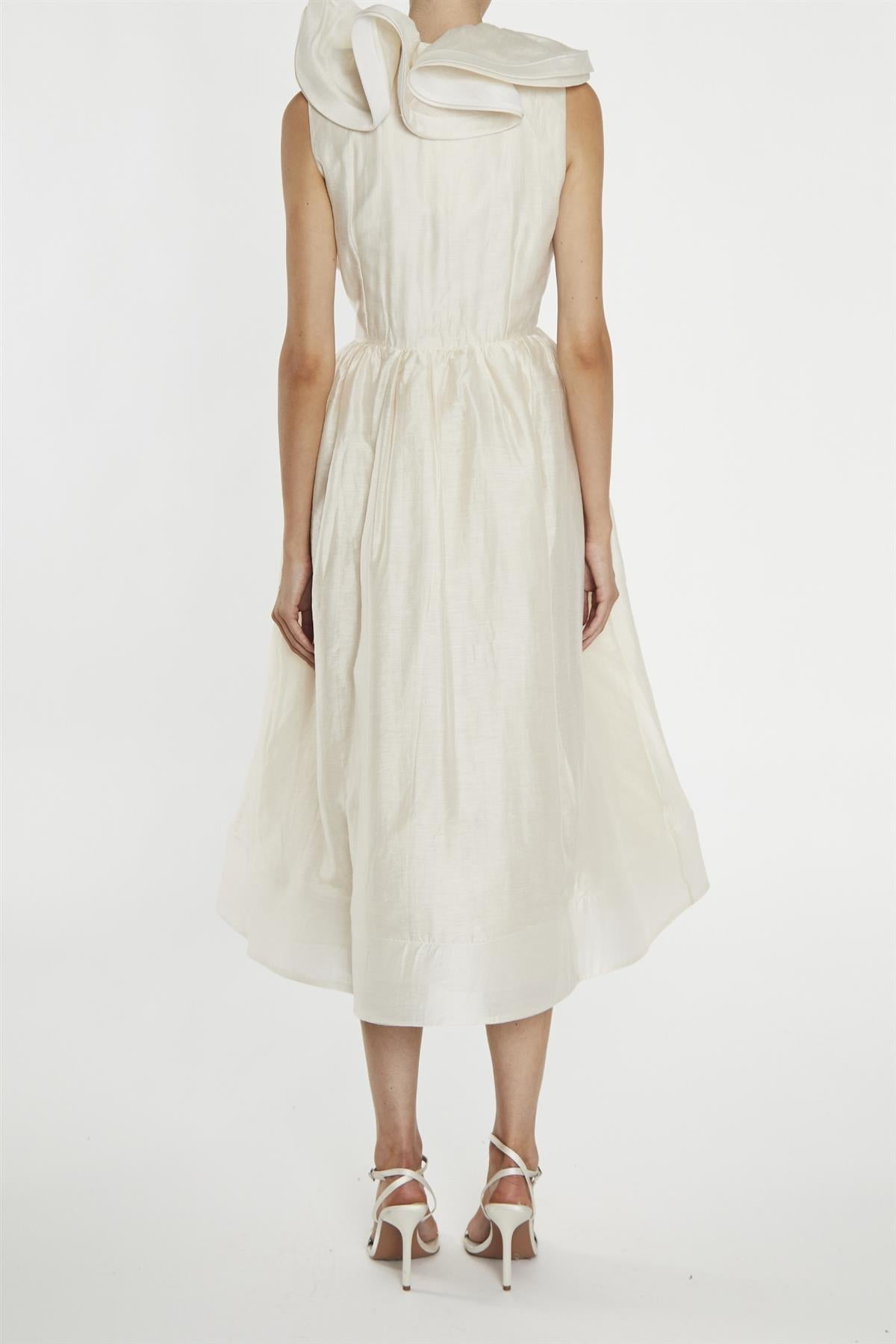 True Decadence Peyton Cream Ruffle Midi Dress