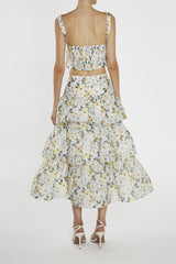 true Decadence Maisie Co-ord Pale-Blue Flower Organza Tiered Ruffle Midi-Skirt