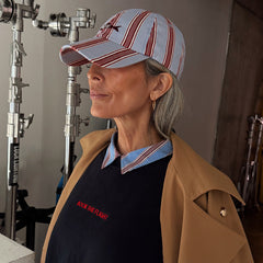 Blue Cotton Stripe Cap with Fish Embroidery
