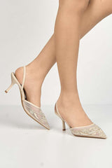 Romina Bead Embellished Mesh Slingback Court Shoes in Beige