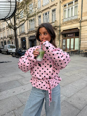Cropped High Neck Polka Dot Trench Coat in Pink