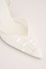 Jasmina Sequin & Bead Embellished Mesh Slingback Court Shoes in White