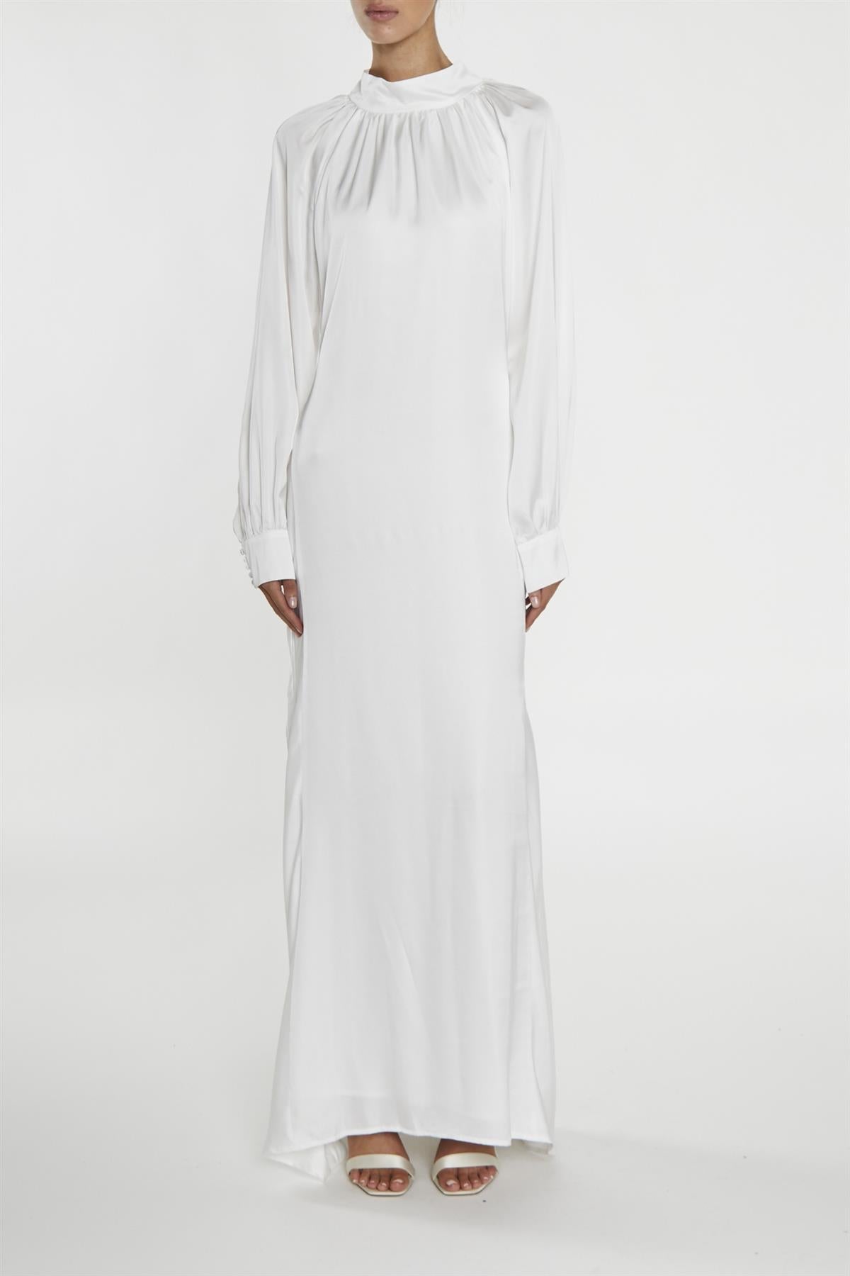 true Decadence Reyna White High-Neck Fishtail Maxi-Dress