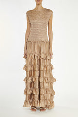 True Decadence Dark Azaria Metallic-Copper Smocked Dropped-Waist Maxi-Dress