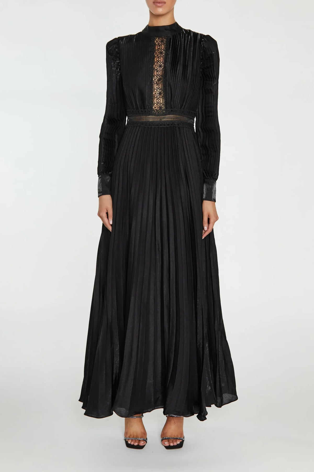 True Decadence Athena Black Pleated Long Sleeve Maxi-Dress