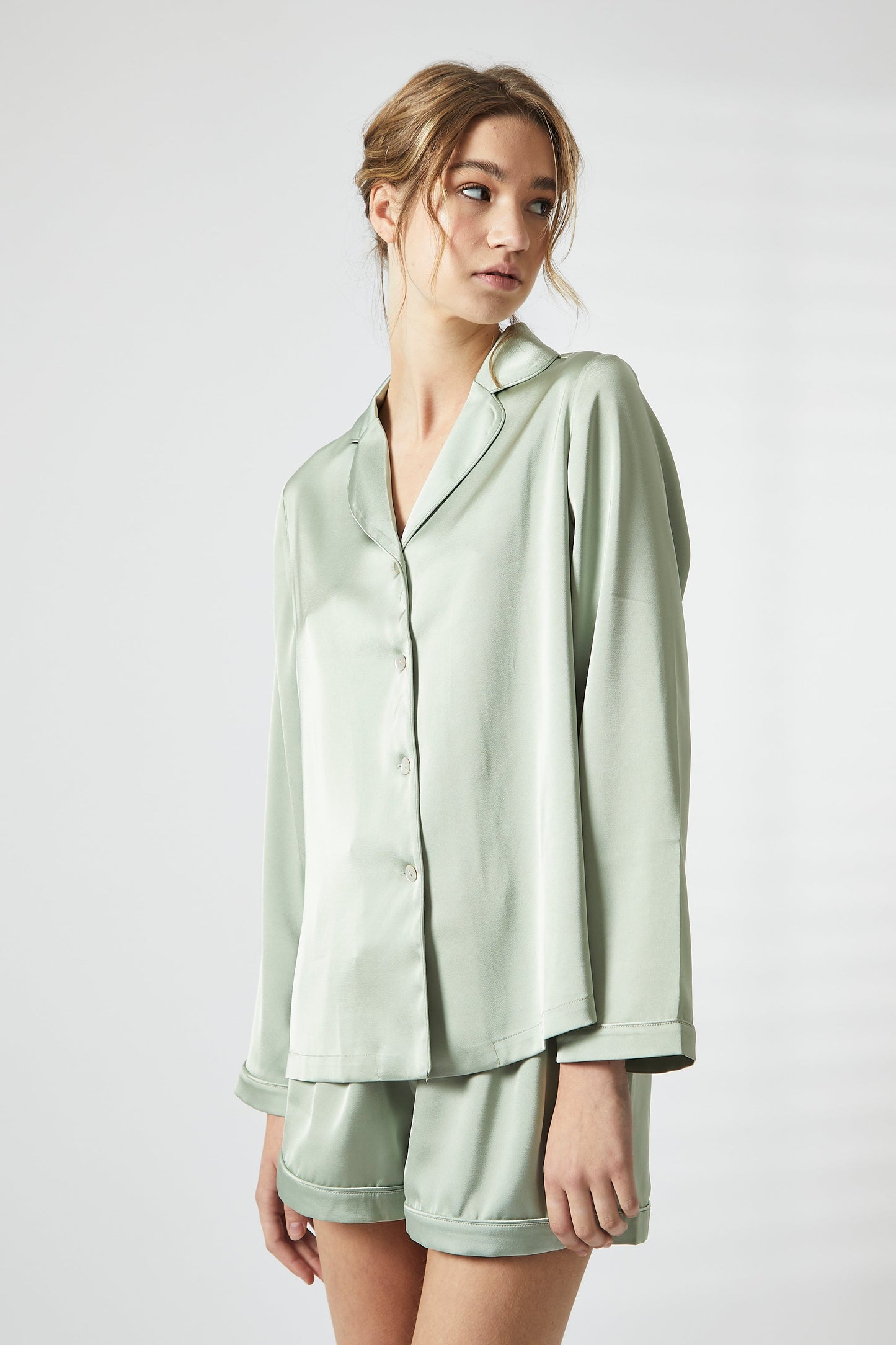 True Decadence Sage Green Trim Short Satin Pyjama Set