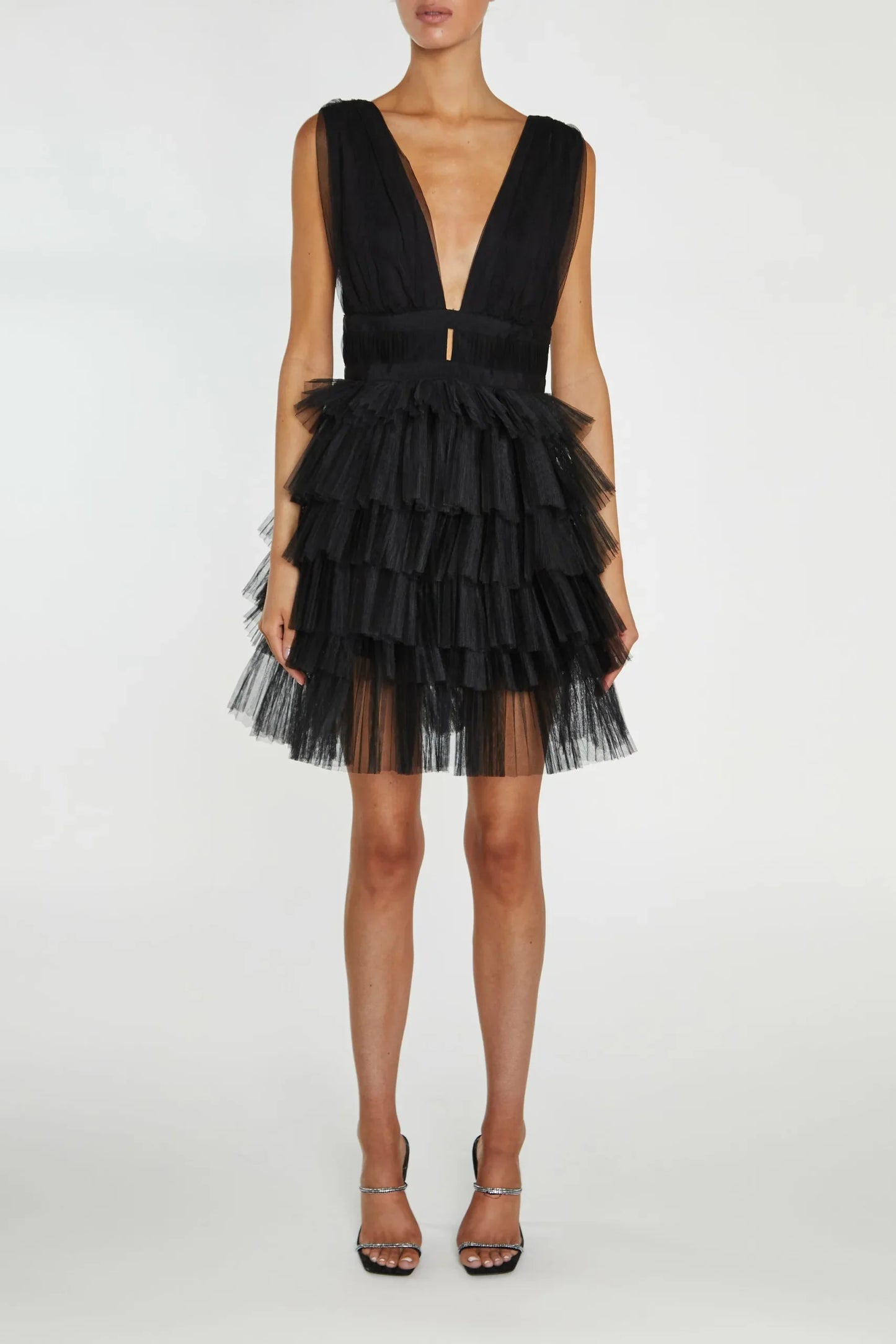 True Decadence Elle Black Plunge-Front Tiered Tulle Mini-Dress