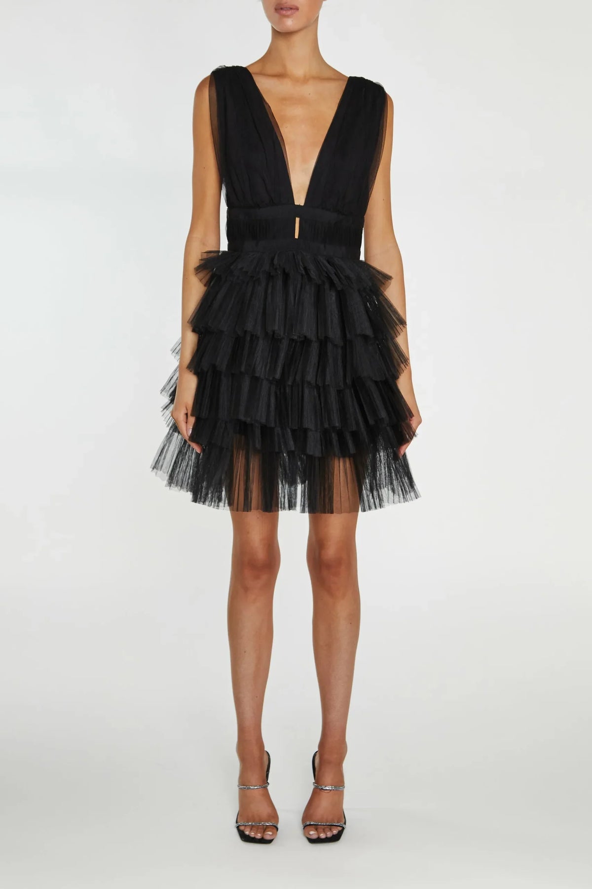 True Decadence Elle Black Plunge-Front Tiered Tulle Mini-Dress
