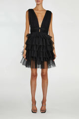 True Decadence Elle Black Plunge-Front Tiered Tulle Mini-Dress
