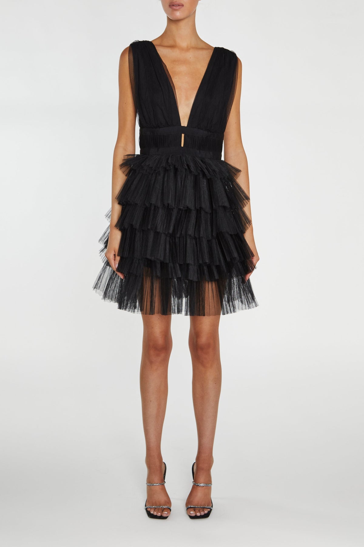 True Decadence Elle Black Plunge-Front Tiered Tulle Mini Dress