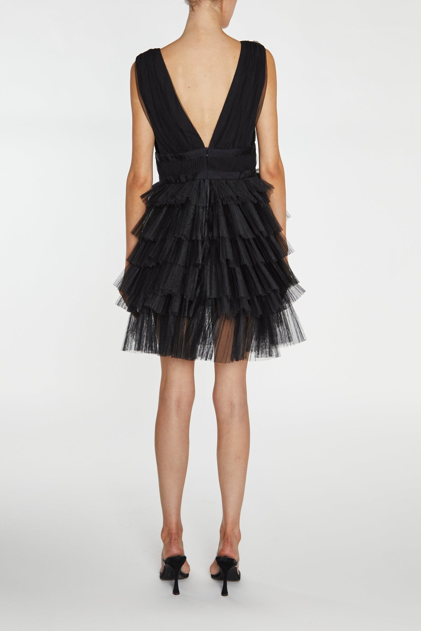 True Decadence Elle Black Plunge-Front Tiered Tulle Mini Dress