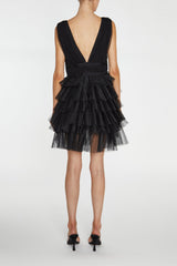 True Decadence Elle Black Plunge-Front Tiered Tulle Mini Dress