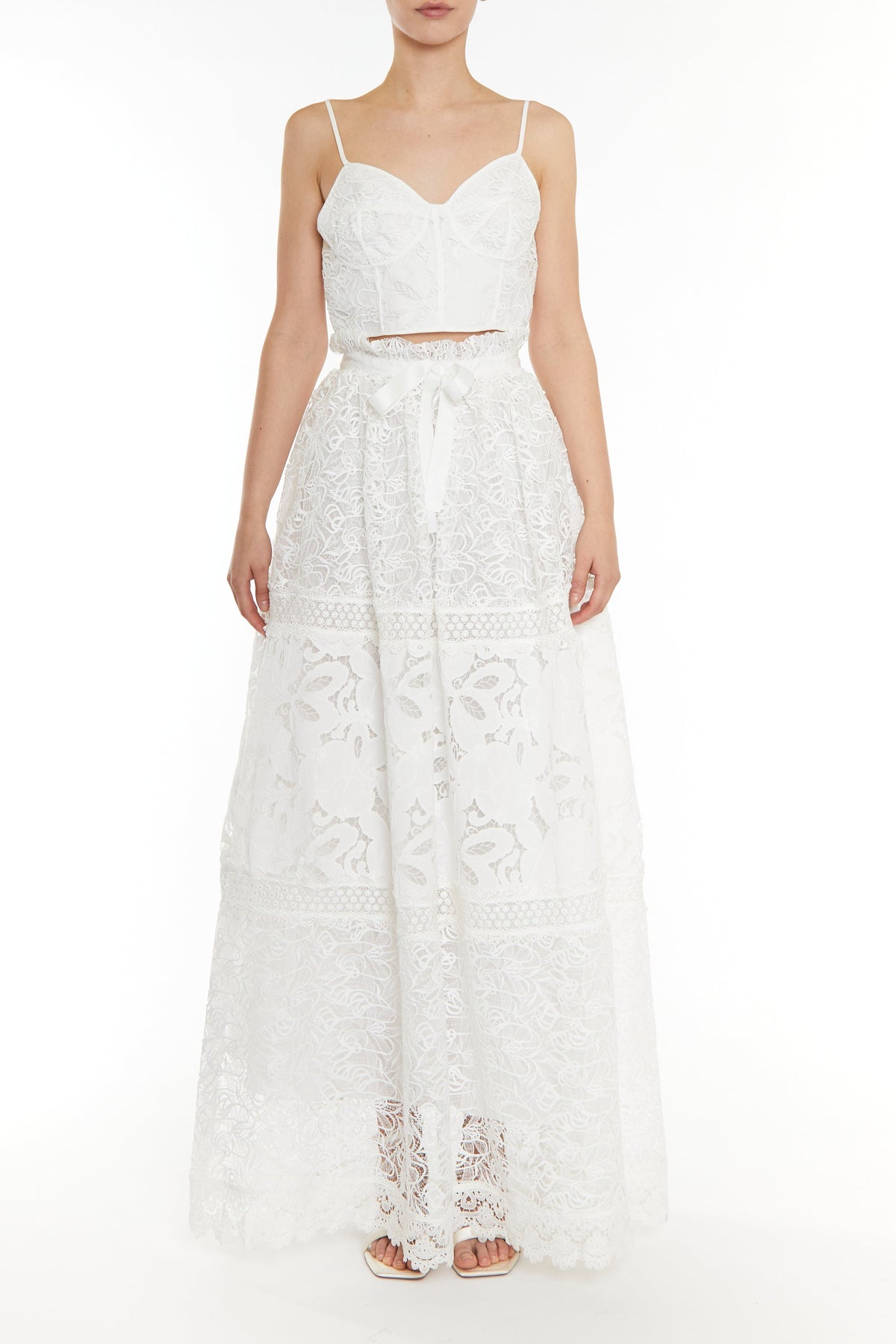 true Decadence Melissa Co-ord White Patchwork lace Tie-Waist Maxi Skirt