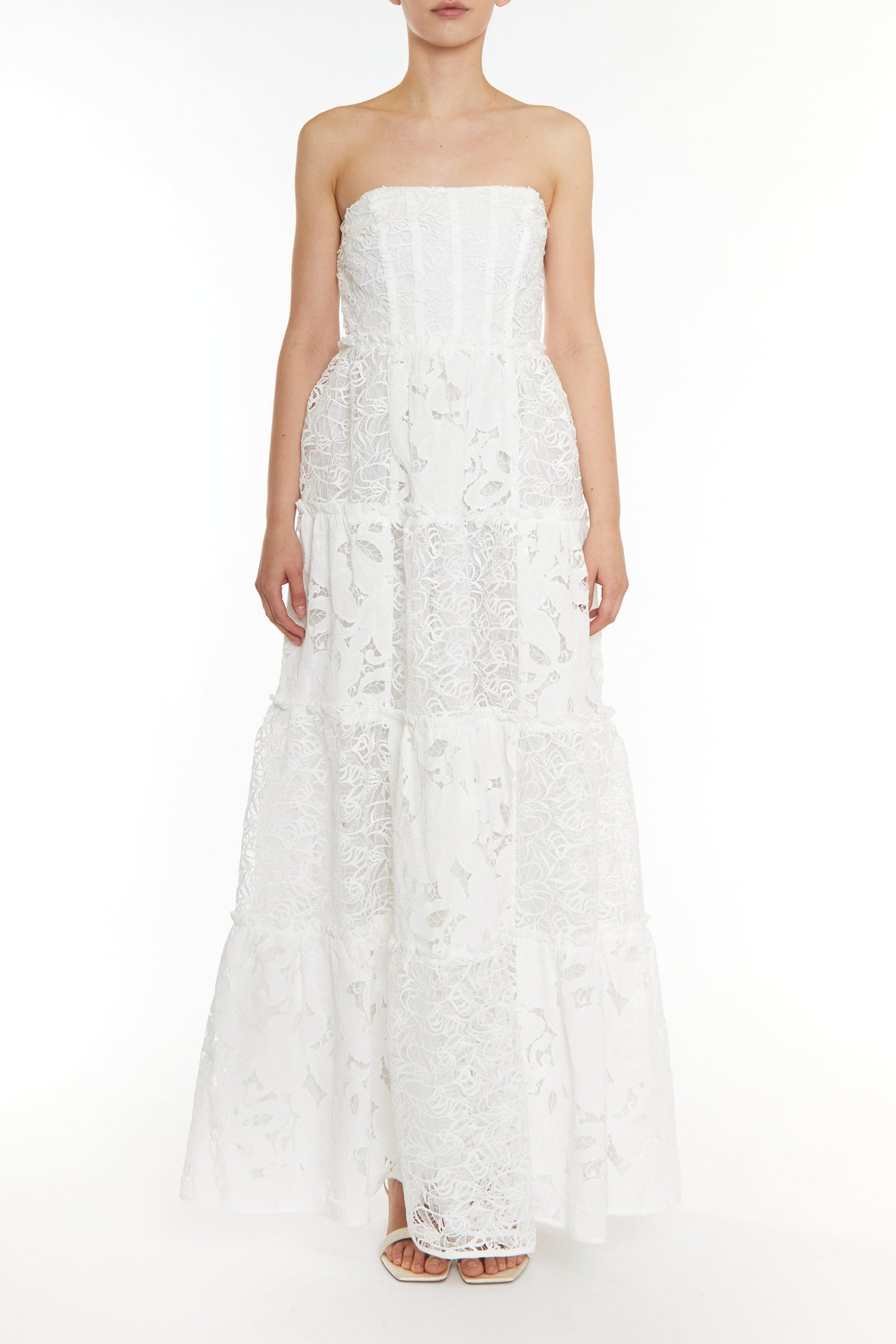 true Decadence Serena White Patchwork Lace Tiered Bandeau Maxi Dress