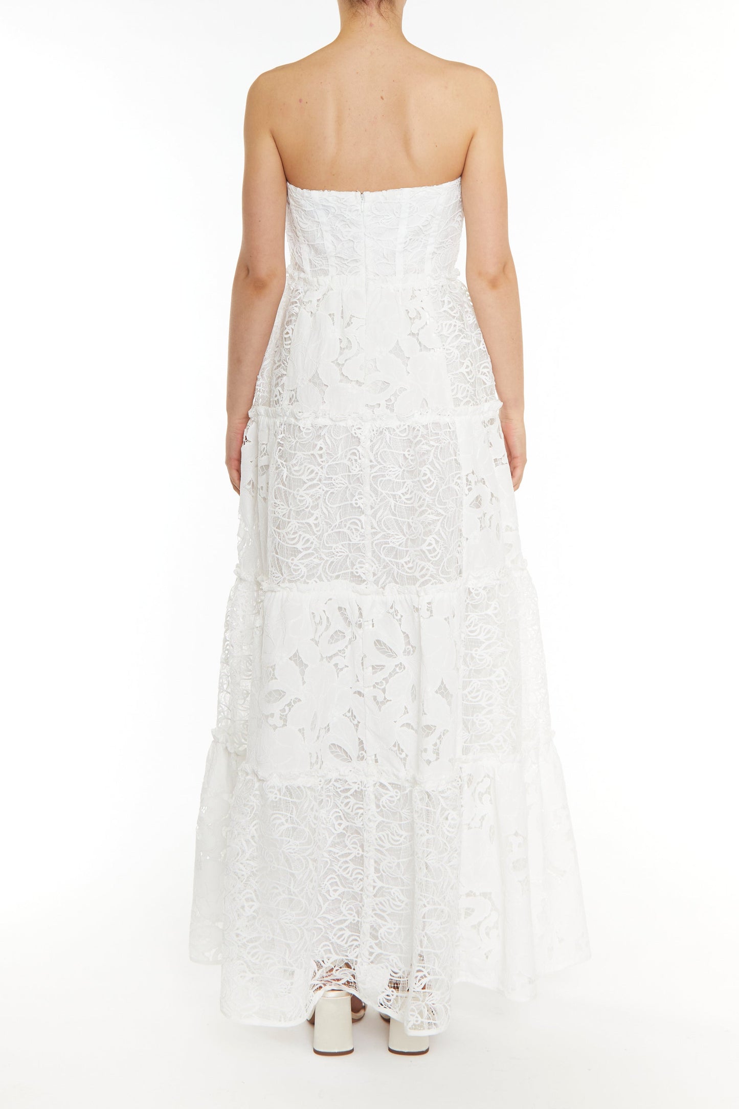 true Decadence Serena White Patchwork Lace Tiered Bandeau Maxi Dress