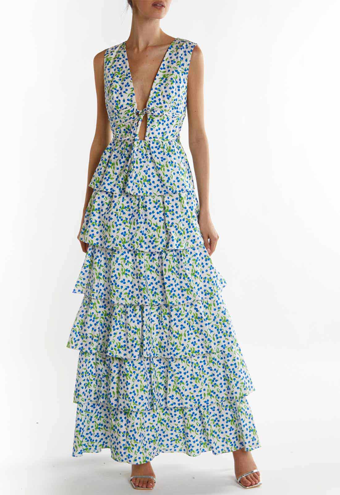 True Decadence White-Blueberry Print Genevieve Tiered Maxi Dress
