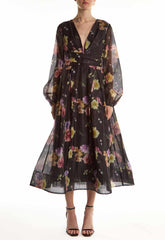 True Decadence Black Blur Flower Long-Sleeve V-Neck Midi Dress