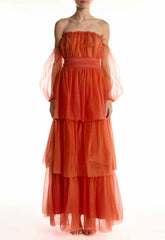 True Decadence Soft-Rust Bardot Tiered Maxi Dress