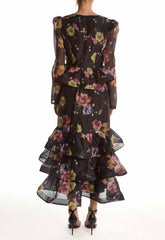 True Decadence Black Blur Flower Peplum Ruffle Midi Dress