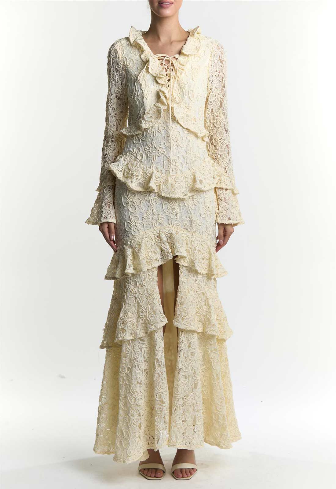 True Decadence Cream Abby Ruffle Collar Long Sleeve Maxi Dress
