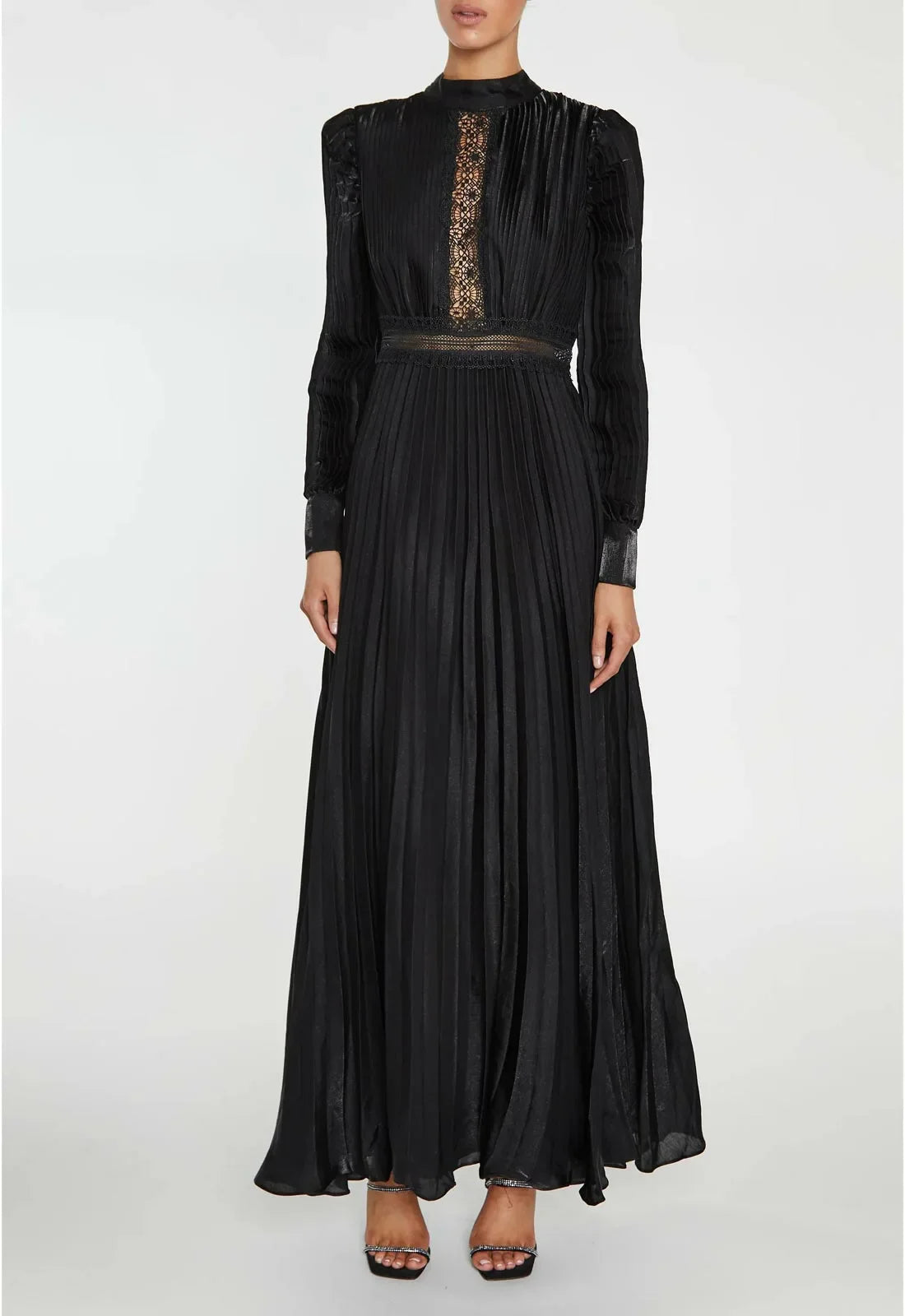 True Decadence Athena Black Pleated Long Sleeve Maxi-Dress