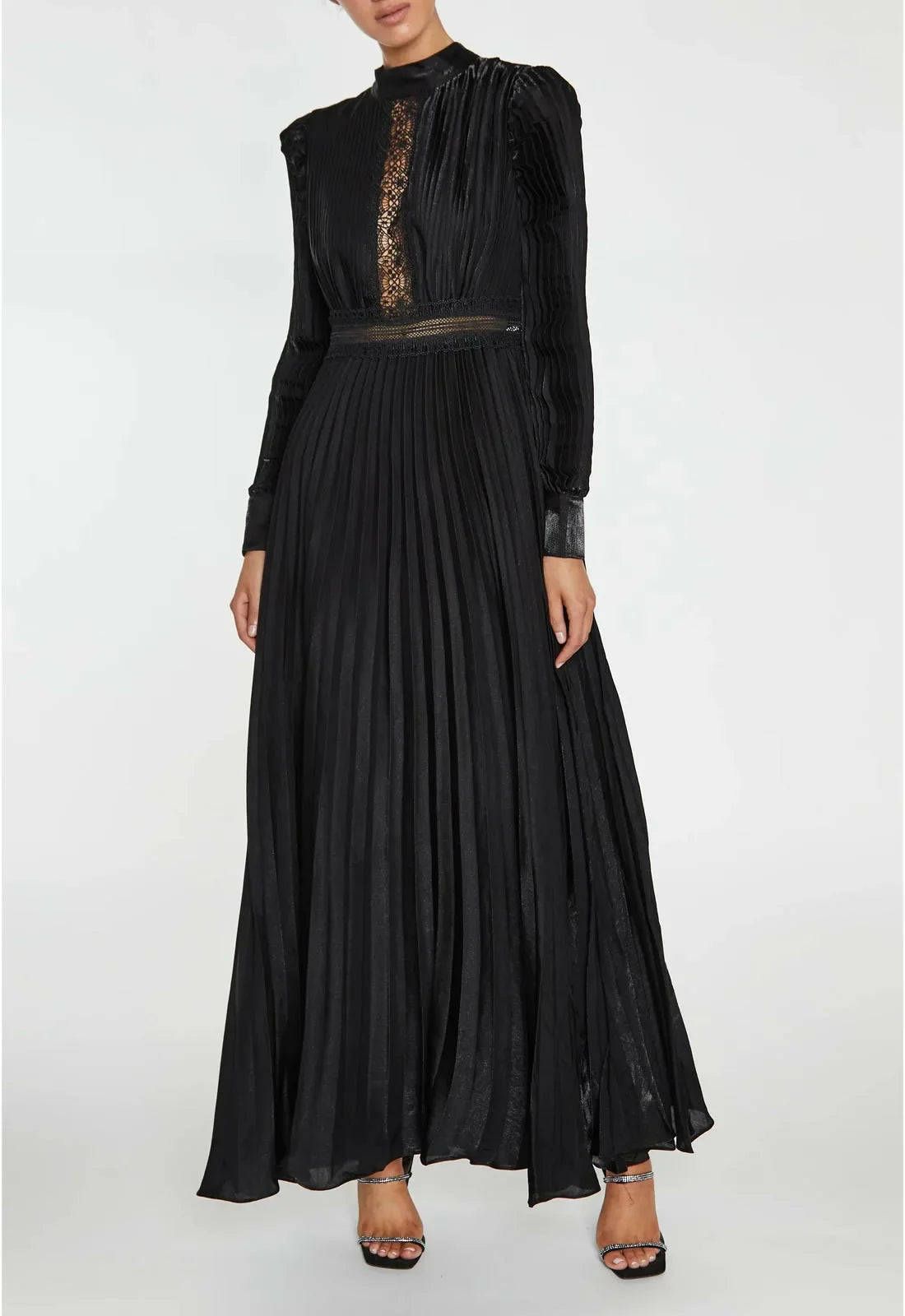 True Decadence Athena Black Pleated Long Sleeve Maxi-Dress