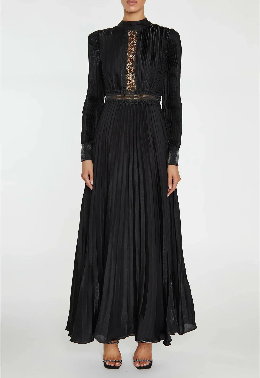 True Decadence Athena Black Pleated Long Sleeve Maxi-Dress