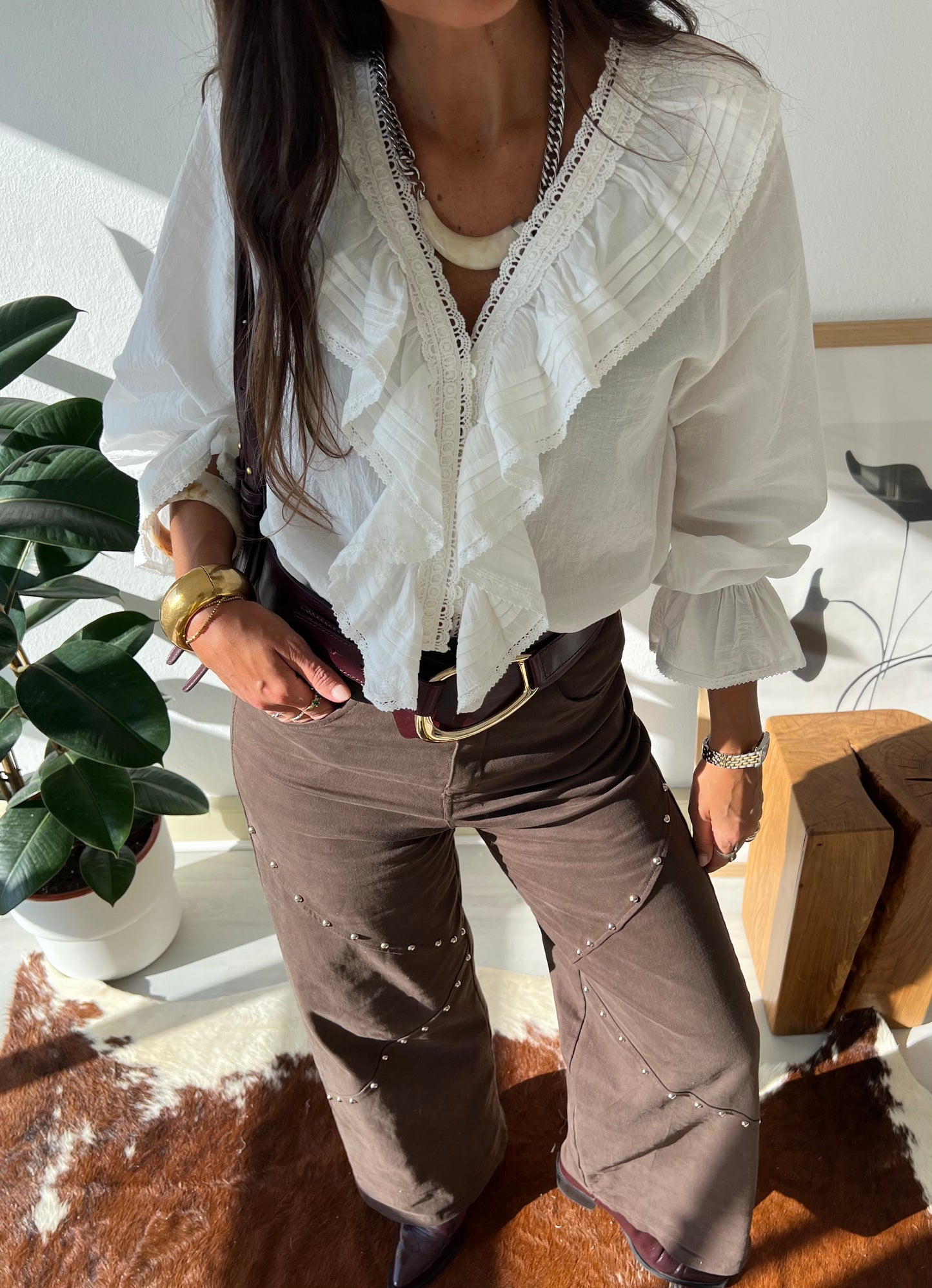 Brown Studded Wide Pants